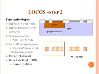 LOCOS –STEP 2
Form Active Regions
 Deposit SiN over wafer
 Deposit photoresist over
SiN layer
 Pattern photoresist
 *ACTIVE MASK
 Etch SiN in exposed areas
 leaves SiN mask which
blocks oxide growth
 Remove photoresist
 Grow Field Oxide (FOX)
 thermal oxidation
ACTIVE mask
p-type substrate
n-well
FOX
 