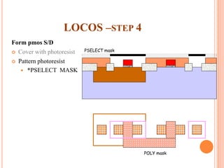 LOCOS –STEP 4
Form pmos S/D
 Cover with photoresist
 Pattern photoresist
 *PSELECT MASK
POLY mask
PSELECT mask
 