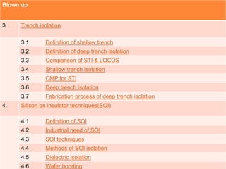 Blown up
3. Trench isolation
3.1 Definition of shallow trench
3.2 Definition of deep trench isolation
3.3 Comparison of STI & LOCOS
3.4 Shallow trench isolation
3.5 CMP for STI
3.6 Deep trench isolation
3.7 Fabrication process of deep trench isolation
4. Silicon on insulator techniques(SOI)
4.1 Definition of SOI
4.2 Industrial need of SOI
4.3 SOI techniques
4.4 Methods of SOI isolation
4.5 Dielectric isolation
4.6 Wafer bonding
 
