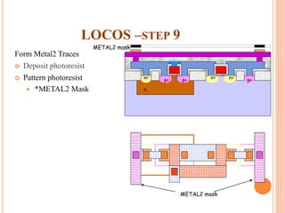 LOCOS –STEP 9
Form Metal2 Traces
 Deposit photoresist
 Pattern photoresist
 *METAL2 Mask
p+p+ p+
n
n+ n+ n+
METAL2 mask
METAL2 mask
 