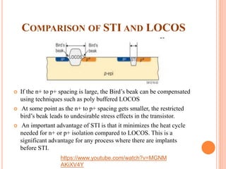 COMPARISON OF STI AND LOCOS
 If the n+ to p+ spacing is large, the Bird’s beak can be compensated
using techniques such as poly buffered LOCOS
 At some point as the n+ to p+ spacing gets smaller, the restricted
bird’s beak leads to undesirable stress effects in the transistor.
 An important advantage of STI is that it minimizes the heat cycle
needed for n+ or p+ isolation compared to LOCOS. This is a
significant advantage for any process where there are implants
before STI.
https://www.youtube.com/watch?v=MGNM
AKiXV4Y
 