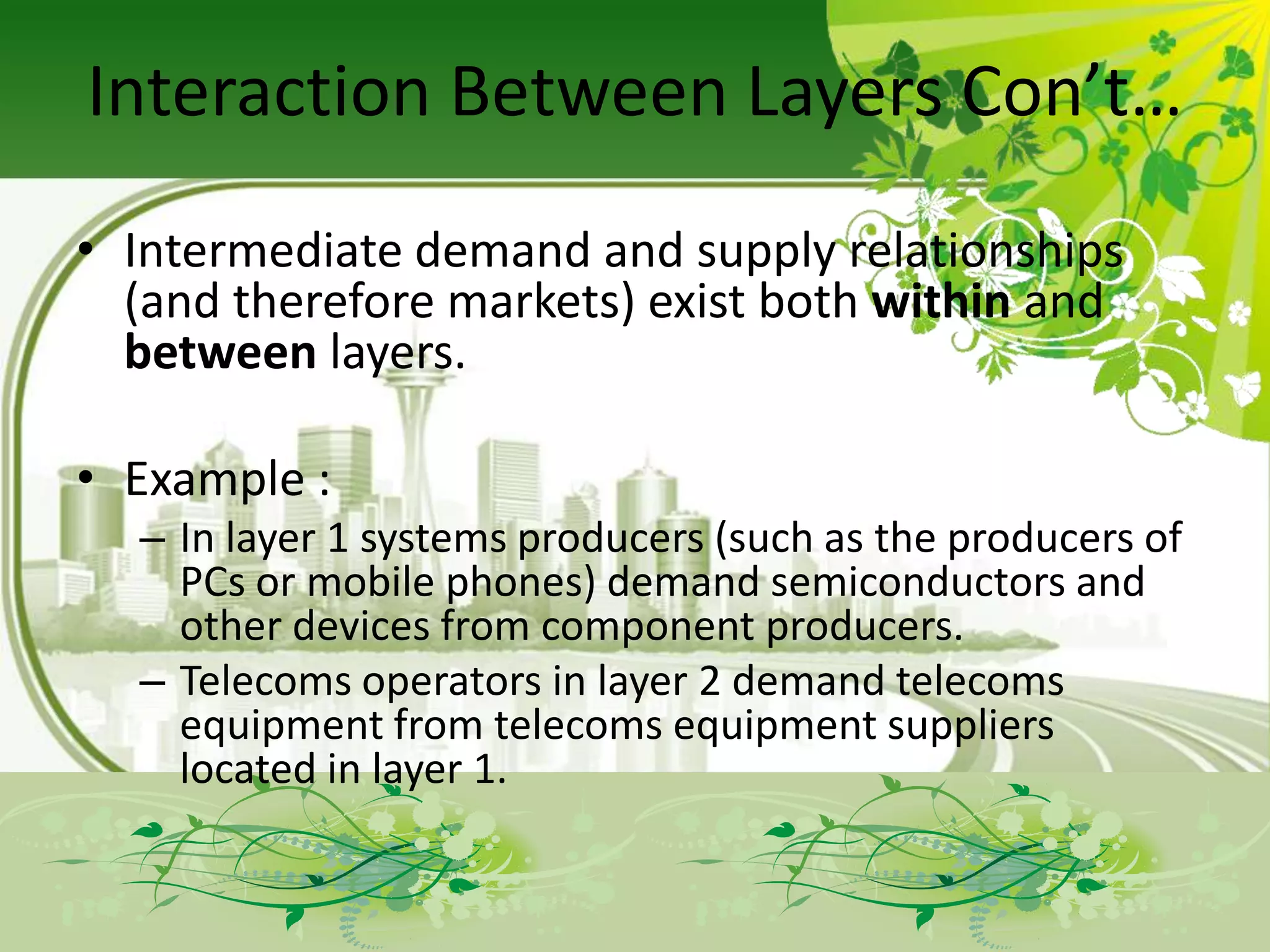 Interaction Between Layers Con’t…
• Intermediate demand and supply relationships
  (and therefore markets) exist both within and
  between layers.

• Example :
  – In layer 1 systems producers (such as the producers of
    PCs or mobile phones) demand semiconductors and
    other devices from component producers.
  – Telecoms operators in layer 2 demand telecoms
    equipment from telecoms equipment suppliers
    located in layer 1.
 