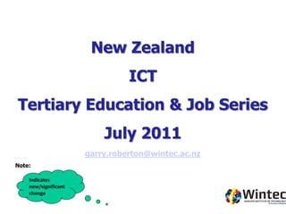 New Zealand
                                ICT
Tertiary Education & Job Series
                          July 2011
                      garry.roberton@wintec.ac.nz
Note:

    Indicates
    new/significant
    change
 