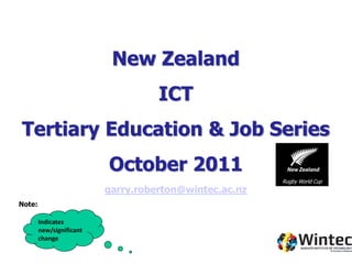 New Zealand
                                    ICT
Tertiary Education & Job Series
                          October 2011
                                                        Rugby World Cup
                          garry.roberton@wintec.ac.nz
Note:

        Indicates
        new/significant
        change
 