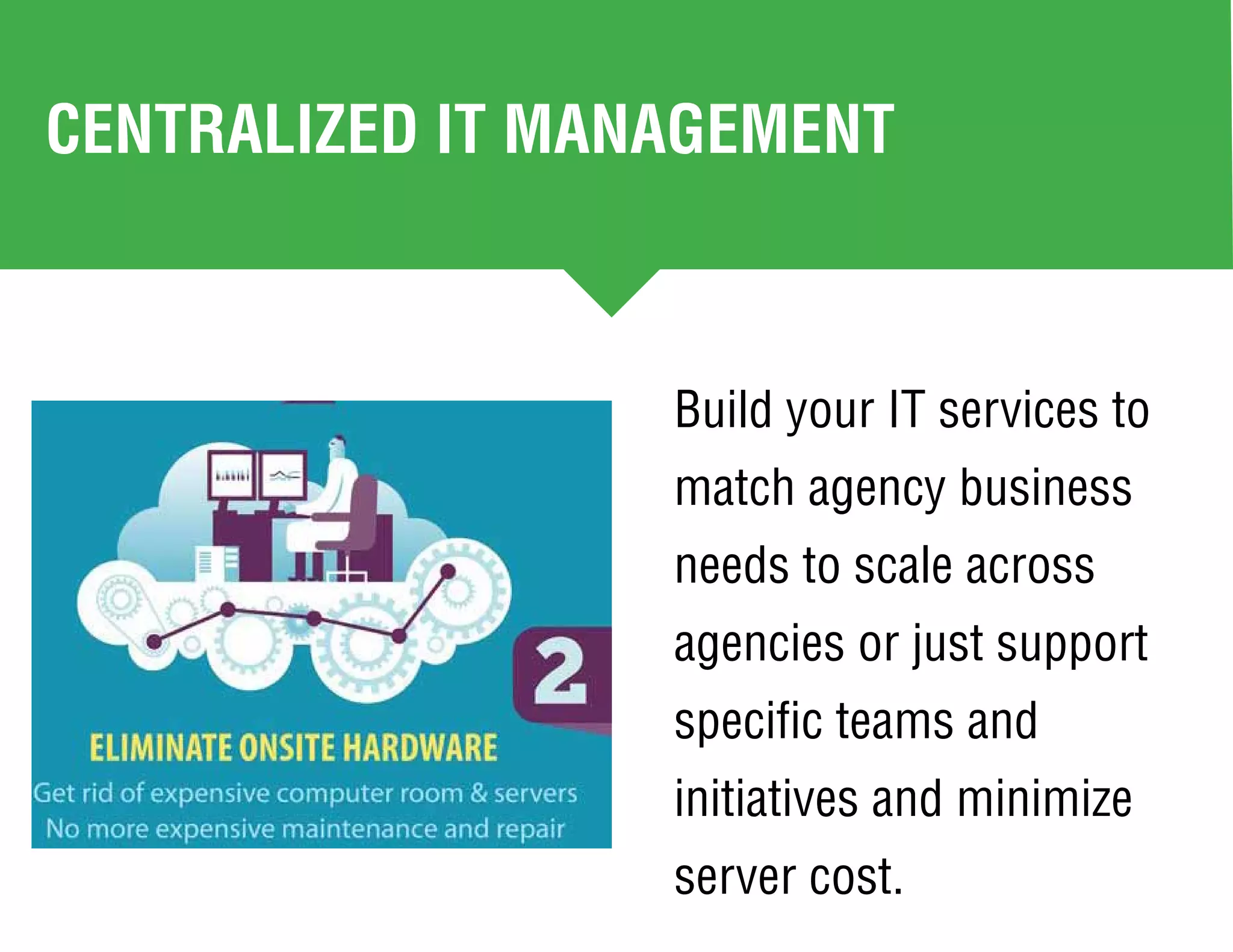 Build your IT services to
match agency business
needs to scale across
agencies or just support
specific teams and
initiatives and minimize
server cost.
CENTRALIZED IT MANAGEMENT
 