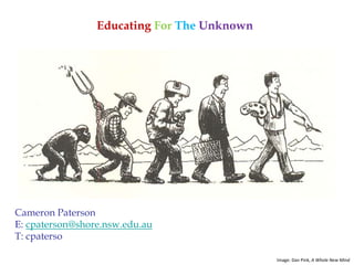 Cameron Paterson
E: cpaterson@shore.nsw.edu.au
T: cpaterso
Educating For The Unknown
Image: Dan Pink, A Whole New Mind
 