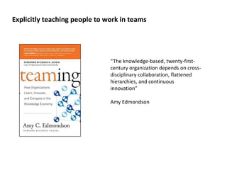 Explicitly teaching people to work in teams
“The knowledge-based, twenty-first-
century organization depends on cross-
disciplinary collaboration, flattened
hierarchies, and continuous
innovation”
Amy Edmondson
 