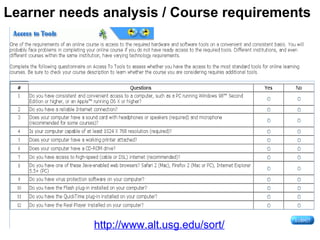 http://www.alt.usg.edu/sort/ Learner needs analysis / Course requirements 