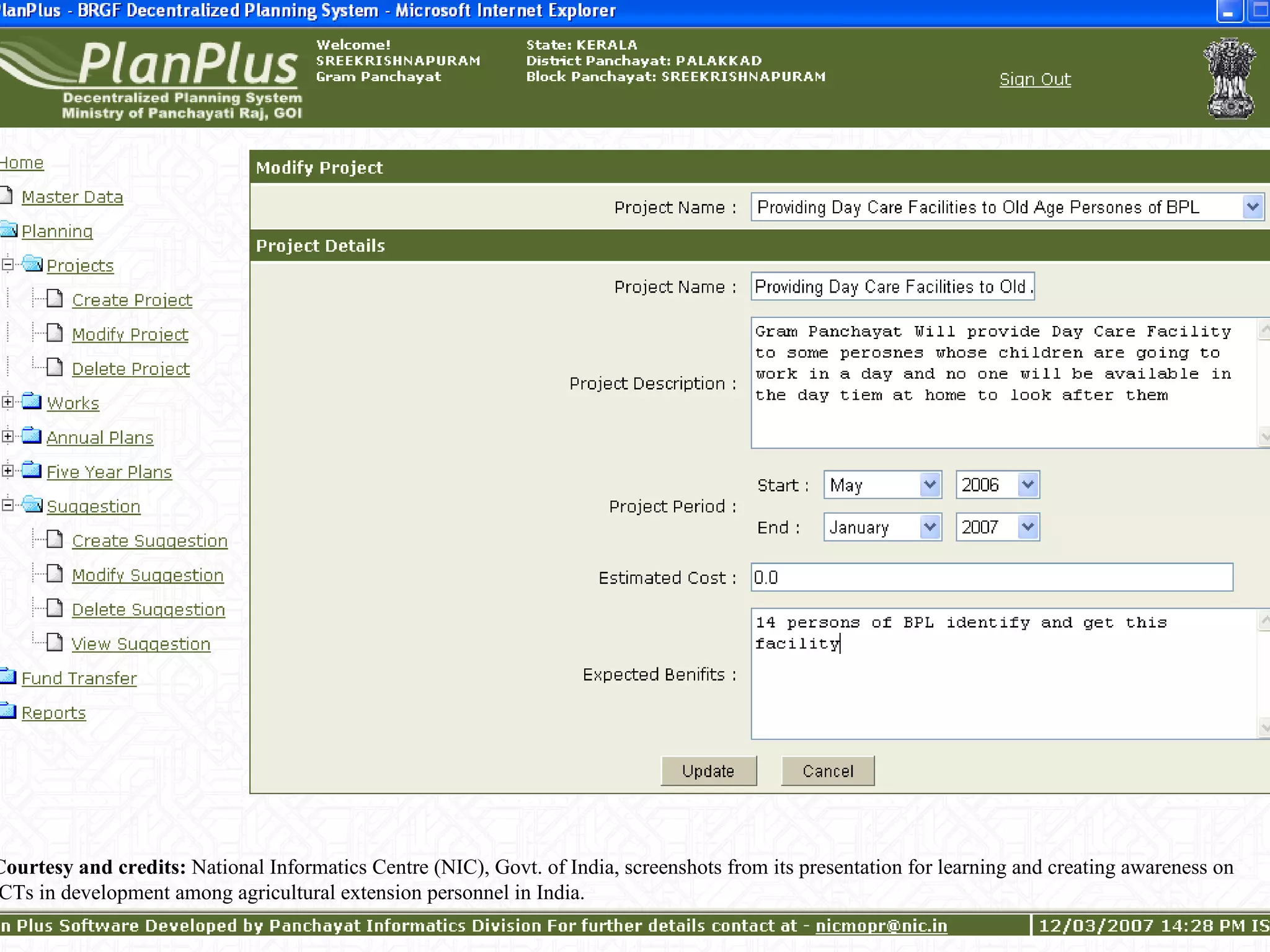 Courtesy and credits:  National Informatics Centre (NIC), Govt. of India, screenshots from its presentation for learning and creating awareness on ICTs in development among agricultural extension personnel in India. 