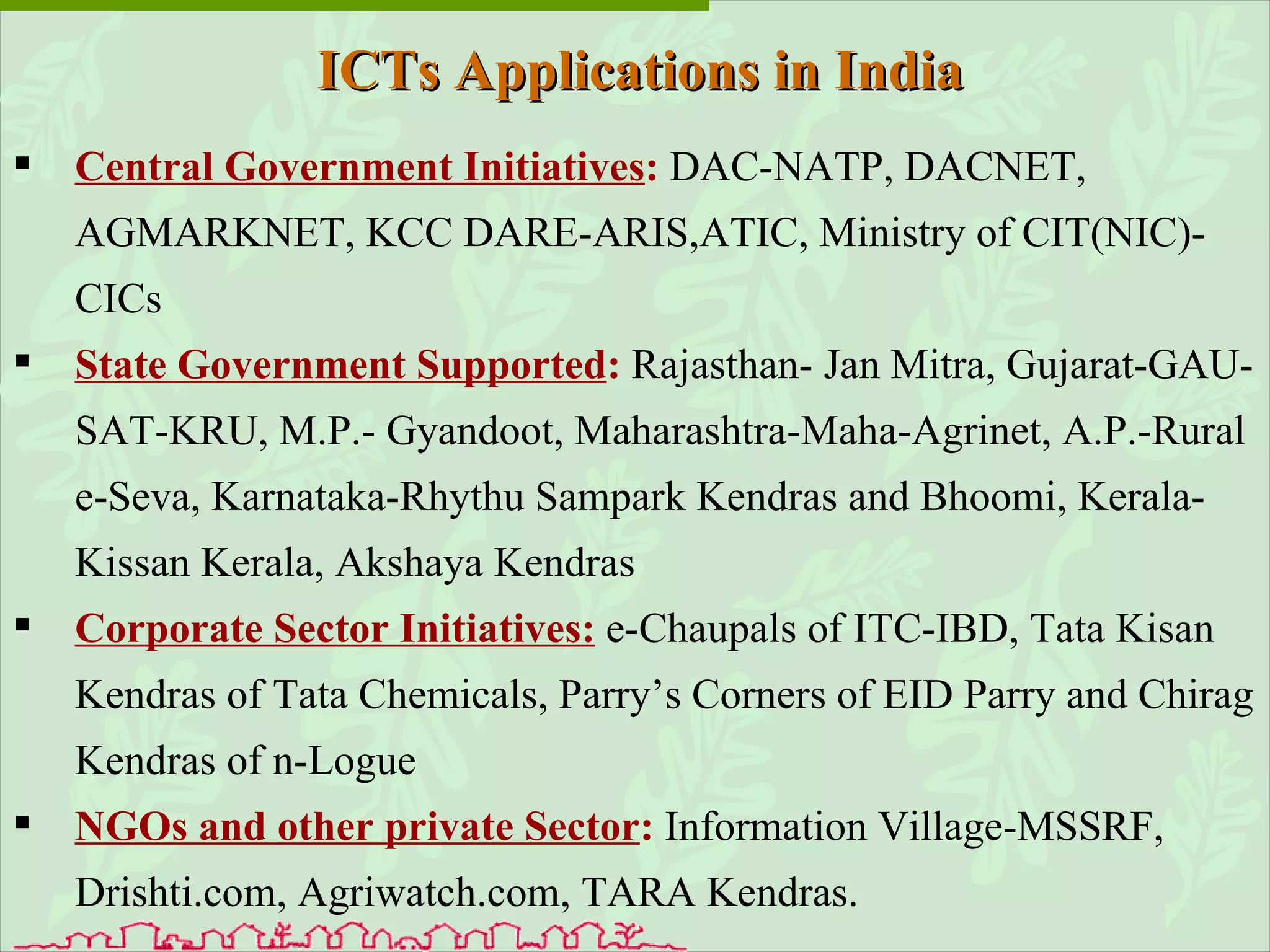 Central Government Initiatives :   DAC-NATP, DACNET, AGMARKNET, KCC DARE-ARIS,ATIC, Ministry of CIT(NIC)- CICs State Government Supported :   Rajasthan- Jan Mitra, Gujarat-GAU-SAT-KRU, M.P.- Gyandoot, Maharashtra-Maha-Agrinet, A.P.-Rural e-Seva, Karnataka-Rhythu Sampark Kendras and Bhoomi, Kerala- Kissan Kerala, Akshaya Kendras Corporate Sector Initiatives:   e-Chaupals of ITC-IBD, Tata Kisan Kendras of Tata Chemicals, Parry’s Corners of EID Parry and Chirag Kendras of n-Logue NGOs and other private Sector :   Information Village-MSSRF, Drishti.com, Agriwatch.com, TARA Kendras. ICTs Applications in India 