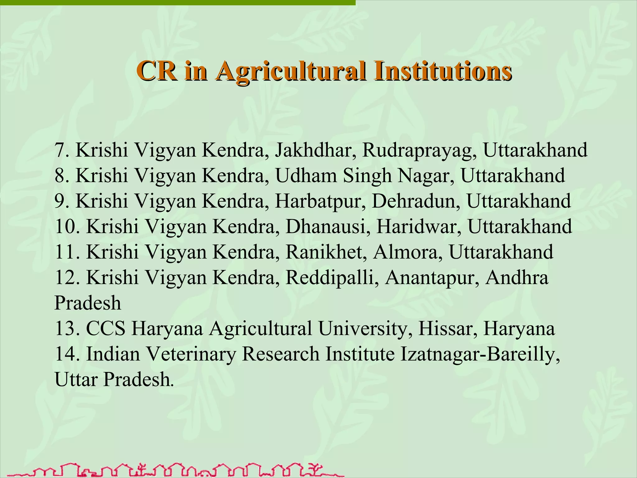 7. Krishi Vigyan Kendra, Jakhdhar, Rudraprayag, Uttarakhand 8. Krishi Vigyan Kendra, Udham Singh Nagar, Uttarakhand 9. Krishi Vigyan Kendra, Harbatpur, Dehradun, Uttarakhand 10. Krishi Vigyan Kendra, Dhanausi, Haridwar, Uttarakhand  11. Krishi Vigyan Kendra, Ranikhet, Almora, Uttarakhand 12. Krishi Vigyan Kendra, Reddipalli, Anantapur, Andhra Pradesh 13. CCS Haryana Agricultural University, Hissar, Haryana 14. Indian Veterinary Research Institute Izatnagar-Bareilly, Uttar Pradesh . CR in Agricultural Institutions 