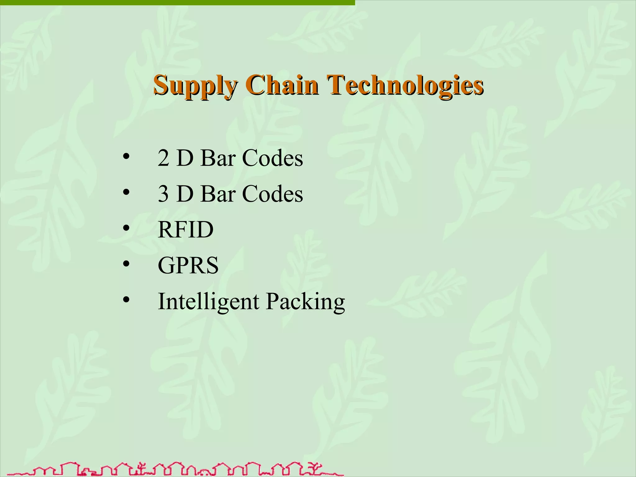 Supply Chain Technologies 2 D Bar Codes 3 D Bar Codes RFID GPRS Intelligent Packing 