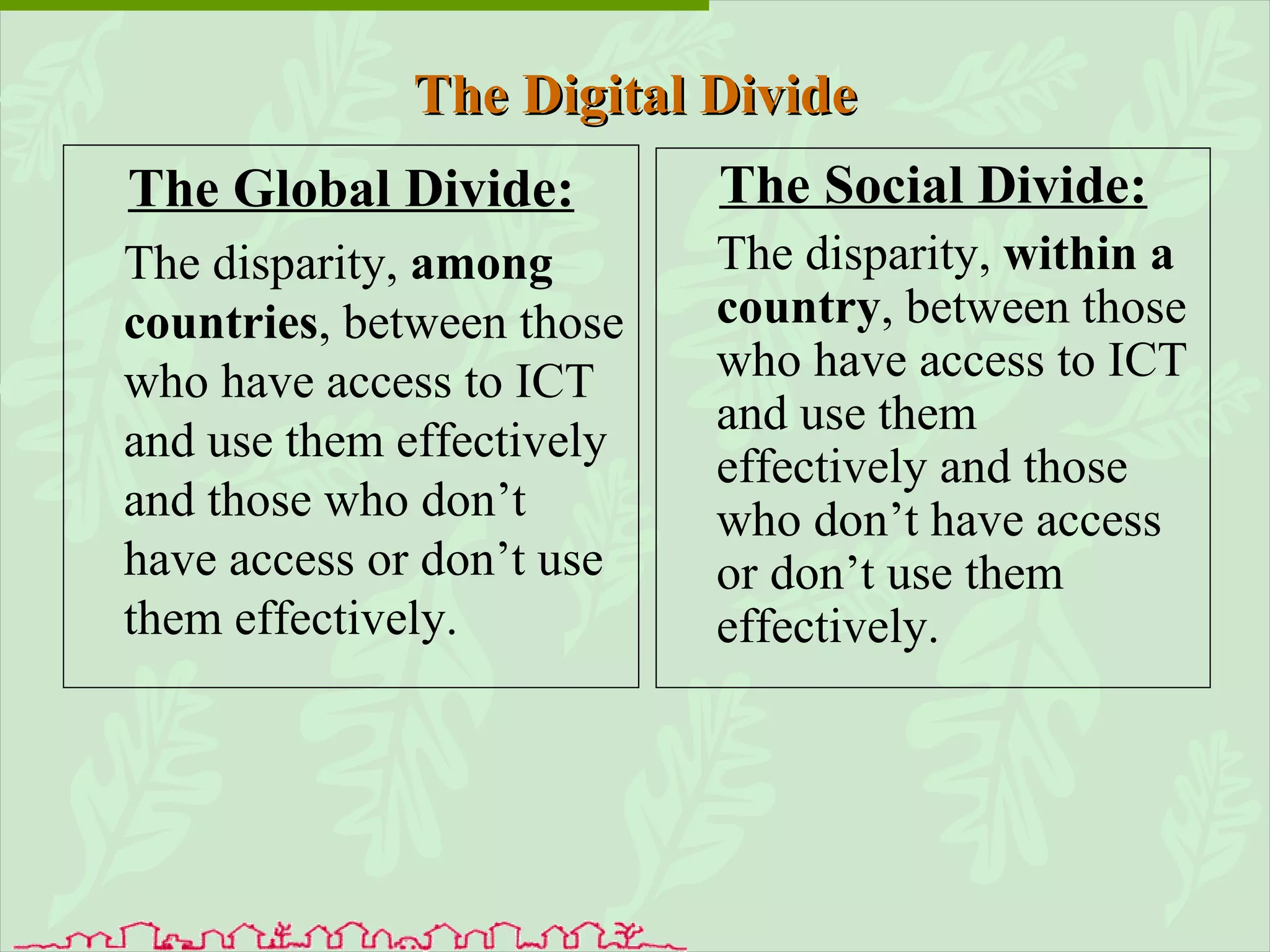 The Global Divide: The disparity,  among countries , between those who have access to ICT and use them effectively and those who don’t have access or don’t use them effectively. The Social Divide: The disparity,  within   a country , between those who have access to ICT and use them effectively and those who don’t have access or don’t use them effectively. The Digital Divide 