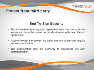 The present docum ent cannot be used, m odified, published or copied in any m atter or m eans without
prior consent of Privatewave Italia Spa.
Protect from third party
End To Site Security
• The information is encrypted separately from the source to the
server and from the server to the destination with two different
operations.
• Anyone except the server, the caller and the called can acquire
the communication.
• The organization has the authority to eavesdrop it’s own
communication
15
 