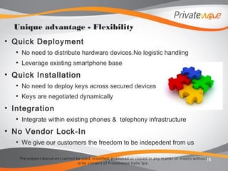 The present docum ent cannot be used, m odified, published or copied in any m atter or m eans without
prior consent of Privatewave Italia Spa.
• Quick Deployment
• No need to distribute hardware devices.No logistic handling
• Leverage existing smartphone base
• Quick Installation
• No need to deploy keys across secured devices
• Keys are negotiated dynamically
• Integration
• Integrate within existing phones & telephony infrastructure
• No Vendor Lock-In
• We give our customers the freedom to be indepedent from us
18
Unique advantage - Flexibility
 