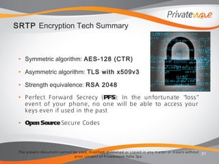 The present docum ent cannot be used, m odified, published or copied in any m atter or m eans without
prior consent of Privatewave Italia Spa.
SRTP Encryption Tech Summary
• Symmetric algorithm: AES-128 (CTR)
• Asymmetric algorithm: TLS with x509v3
• Strength equivalence: RSA 2048
• Perfect Forward Secrecy (PFS): In the unfortunate “loss”
event of your phone, no one will be able to access your
keys even if used in the past
• OpenSource Secure Codes
31
 