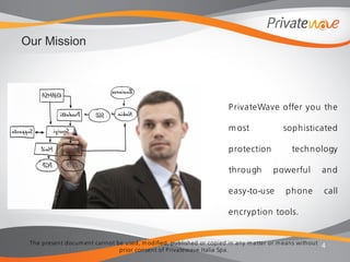 The present docum ent cannot be used, m odified, published or copied in any m atter or m eans without
prior consent of Privatewave Italia Spa.
4
Our Mission
PrivateWave offer you the
m ost sophisticated
protection technology
through powerful and
easy-to-use phone call
encryption tools.
 