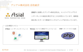 アシアル株式会社 会社紹介

                             2002年に創業したアシアル株式会社は、エンジニアリングでイ

                             ンターネットの成長を牽引することを目的といています。最新技

                             術を用いたサービス開発やコンサルティングを行なっています。


主な事業ドメイン
HTML5・ユーザーインターフェース        Monaca（モバイル開発プラットフォーム）                                        PHP・サーバーサイド技術




              URL : http://www.asial.co.jp/ │ Copyright © 2012 Asial Corporation. All Rights Reserved.   │ 12/10/20   ｜   3
 