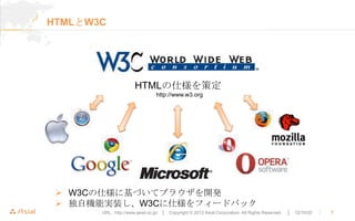 HTMLとW3C




                       HTMLの仕様を策定
                                 http://www.w3.org




  W3Cの仕様に基づいてブラウザを開発
  独自機能実装し、W3Cに仕様をフィードバック
       URL : http://www.asial.co.jp/ │ Copyright © 2012 Asial Corporation. All Rights Reserved.   │ 12/10/20   ｜   7
 