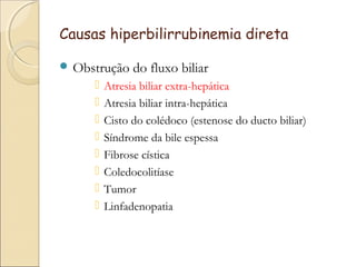 Causas hiperbilirrubinemia direta

 Obstrução    do fluxo biliar
        Atresia biliar extra-hepática
        Atresia biliar intra-hepática
        Cisto do colédoco (estenose do ducto biliar)
        Síndrome da bile espessa
        Fibrose cística
        Coledocolitíase
        Tumor
        Linfadenopatia
 
