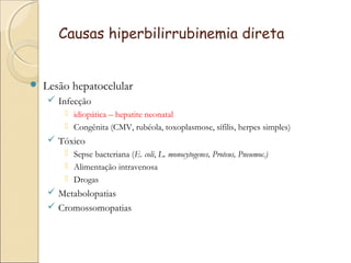 Causas hiperbilirrubinemia direta


   Lesão hepatocelular
     Infecção
         idiopática – hepatite neonatal
         Congênita (CMV, rubéola, toxoplasmose, sífilis, herpes simples)
     Tóxico
         Sepse bacteriana (E. coli, L. monocytogenes, Proteus, Pneumoc.)
         Alimentação intravenosa
         Drogas
     Metabolopatias
     Cromossomopatias
 