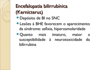 Encefalopatia bilirrubínica
(Kernicterus)
Depósito    de BI no SNC
Lesões à BHE favorecem o aparecimento
 da síndrome: asfixia, hiperosmolaridade
Quanto       mais imaturo, maior a
 susceptibilidade à neurotoxicidade da
 bilirrubina
 