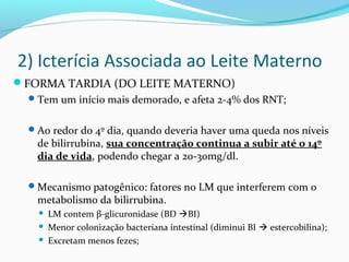 2) Icterícia Associada ao Leite Materno
FORMA TARDIA (DO LEITE MATERNO)
Tem um início mais demorado, e afeta 2-4% dos RNT;
Ao redor do 4º dia, quando deveria haver uma queda nos níveis
de bilirrubina, sua concentração continua a subir até o 14º
dia de vida, podendo chegar a 20-30mg/dl.
Mecanismo patogênico: fatores no LM que interferem com o
metabolismo da bilirrubina.
 LM contem β-glicuronidase (BD BI)
 Menor colonização bacteriana intestinal (diminui BI  estercobilina);
 Excretam menos fezes;
 
