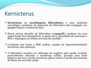 Kernicterus
Kernicterus ou encefalopatia bilirrubínica é uma síndrome
neurológica resultante da deposição de bilirrubina não-conjugada nos
gânglios basais e núcleos da base.
Níveis séricos elevados de bilirrubina (>25mg/dL) resultam em uma
maior fração livre lipossolúvel, as quais tem a capacidade de atravessar a
BHE e impregnar as células nervosas do encéfalo.
Condições que lesem a BHE (asfixia, estados de hiperosmolaridade)
favorecem essa síndrome.
A bilirrubina interfere na utilização do oxigênio pelo tecido cerebral,
possivelmente afetando a membrana celular, gerando uma lesão
hipóxica que leva a perda neurônios, gliose reativa e atrofia dos sistemas
de fibras em uma fase tardia.
 