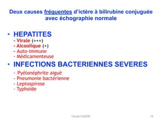 Claude EUGENE
Deux causes fréquentes d’ictère à bilirubine conjuguée 
avec échographie normale
• HEPATITES 
- Virale (+++) 
- Alcoolique (+) 
- Auto-immune 
- Médicamenteuse
• INFECTIONS BACTERIENNES SEVERES 
- Pyélonéphrite aiguë 
- Pneumonie bactérienne 
- Leptospirose 
- Typhoïde
10
 