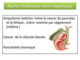 Autres cholestases extra-hépatiques
Ampullome vatérien: mime le cancer du pancréas
et la lithiase , ictère +anémie par saignement
(méléna )
Cancer de la vésicule étendu
Pancréatite chronique

 