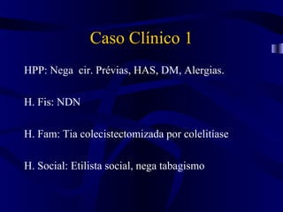 Caso Clínico 1
HPP: Nega cir. Prévias, HAS, DM, Alergias.

H. Fis: NDN

H. Fam: Tia colecistectomizada por colelitíase

H. Social: Etilista social, nega tabagismo
 