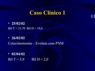 Caso Clínico 1
• 25/02/02
Bil T = 31,70 Bil D = 19,6


• 26/02/02
Colecistostomia – Evoluiu com PNM

• 02/04/02
Bil T = 5,9      Bil D = 2,0
 