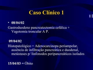 Caso Clínico 1
• 08/04/02
Gastroduodeno pancreatectomia cefálica +
  Vagotomia troncular A P.

09/04/02
Histopatológico = Adenocarcinopa periampolar,
  ausência de infiltração pancreática e duodenal,
  metástases p/ linfonodos peripancreáticos isolados

15/04/03 = Óbito
 