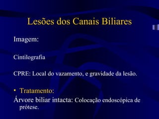 Lesões dos Canais Biliares
Imagem:

Cintilografia

CPRE: Local do vazamento, e gravidade da lesão.

• Tratamento:
Árvore biliar intacta: Colocação endoscópica de
  prótese.
 
