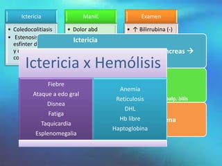 Ictericia                  Manif.                   Examen

• Coledocolitiasis        • Dolor abd              • ↑ Bilirrubina (-)
• Estenosis de              (cólico)                 15 mg/dl
                            Ictericia
  esfínter de Oddi        • Fiebre
  y de la vía biliar        • Carcinoma de vía biliar y páncreas 
  común
       Ictericia x Hemólisis  progresiva

                            Manifestación…
                 Fiebre  • Escleras, mucosas, tegumentos
                         • (+) 15 mg/dl      Anemia
           Ataque a edo gral
                                           Reticulosis
                         • Ataque a edo gral, dolor abd., dolor a palp. bilis
                 Disnea
                                                  DHL
                 Fatiga
                                           Hb libre
                          • Ictericia intermitente c/ melena
              Taquicardia
                                         Haptoglobina
                          • ↑ BD, GGT y FA
            Esplenomegalia
 