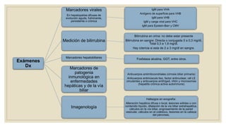 Exámenes
Dx
Marcadores virales
En hepatopatías difusas de
evolución aguda, fulminante,
persistente o crónica
IgM para VHA
Antígeno de superficie para VHB
IgM para VHB
IgM y carga viral para VHC
IgM para Epstein-Barr y CMV
Medición de bilirrubina
Bilirrubina en orina: no debe estar presente
Bilirrubina en sangre: Directa o conjugada 0 a 0,3 mg/dl,
Total 0,3 a 1,9 mg/dl.
Hay ictericia si esta de 2 a 3 mg/dl en sangre.
Marcadores hepatobiliares Fosfatasa alcalina, GGT, entre otros.
Marcadores de
patogenia
inmunológica en
enfermedades
hepáticas y de la vía
biliar
Anticuerpos antimitocondriales (cirrosis biliar primaria)
Anticuerpos antimúsculo liso, factor antinuclear, cél LE
circulantes y anticuerpos antihígad, riñón y microsomas
(hepatitis crónica activa autoinmune)
Imagenología
Hallazgos en ecografía:
Alteración hepática difusa o local, lesiones sólidas o con
contenido líquido, dilatación de la vía biliar extrahepática,
cálculos en la vía biliar, engrosamiento de la pared
vesicular, cálculos en el colédoco, lesiones en la cabeza
del páncreas.
 
