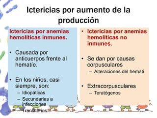 Ictericias por aumento de la
producción
Ictericias por anemias
hemolíticas inmunes.
• Causada por
anticuerpos frente al
hematíe.
• En los niños, casi
siempre, son:
– Idiopáticas
– Secundarias a
infecciones
– Transitorias.
• Ictericias por anemias
hemolíticas no
inmunes.
• Se dan por causas
corpusculares
– Alteraciones del hemati
• Extracorpusculares
– Teratógenos
 