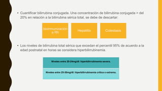 • Cuantificar bilirrubina conjugada. Una concentración de bilirrubina conjugada > del
20% en relación a la bilirrubina sérica total, se debe de descartar:
• Los niveles de bilirrubina total sérica que excedan el percentil 95% de acuerdo a la
edad postnatal en horas se considera hiperbilirrubinemia.
Isoinmunización
a Rh
Hepatitis Colestasis
Niveles entre 20-24mg/dl: hiperbilirrubinemia severa.
Niveles entre 25-30mg/dl: hiperbilirrubinemia crítica o extrema.
 