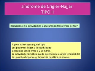 síndrome de Crigler-Najjar  TIPO II Algo mas frecuente que el tipo I Los pacientes llegan a la edad adulta Bilirrubina sér...