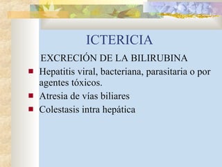 ICTERICIA EXCRECIÓN DE LA BILIRUBINA Hepatitis viral, bacteriana, parasitaria o por agentes tóxicos. Atresia de vías biliares Colestasis intra hepática 