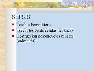 SEPSIS Toxinas hemolíticas Torch: lesión de células hepáticas Obstrucción de conductos biliares (colestasis) 