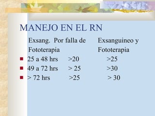 MANEJO EN EL RN Exsang.  Por falla de  Exsanguineo y Fototerapia  Fototerapia 25 a 48 hrs  >20  >25  49 a 72 hrs  > 25  >30 > 72 hrs  >25  > 30 