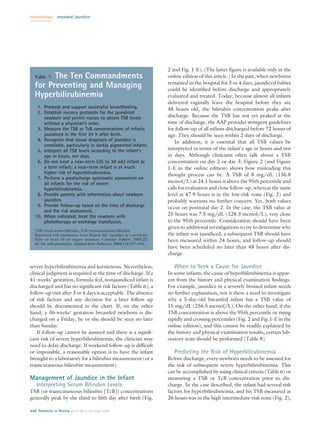 neonatology      neonatal jaundice




                                                                        2 and Fig. 1-E). (The latter ﬁgure is available only in the
         The Ten Commandments
   Table 7.                                                             online edition of this article.) In the past, when newborns
                                                                        remained in the hospital for 3 or 4 days, jaundiced babies
   for Preventing and Managing                                          could be identiﬁed before discharge and appropriately
   Hyperbilirubinemia                                                   evaluated and treated. Today, because almost all infants
                                                                        delivered vaginally leave the hospital before they are
    1. Promote and support successful breastfeeding.                    48 hours old, the bilirubin concentration peaks after
    2. Establish nursery protocols for the jaundiced
       newborn and permit nurses to obtain TSB levels                   discharge. Because the TSB has not yet peaked at the
       without a physician’s order.                                     time of discharge, the AAP provides stringent guidelines
    3. Measure the TSB or TcB concentrations of infants                 for follow-up of all infants discharged before 72 hours of
       jaundiced in the ﬁrst 24 h after birth.                          age: They should be seen within 2 days of discharge.
    4. Recognize that visual diagnosis of jaundice is                      In addition, it is essential that all TSB values be
       unreliable, particularly in darkly pigmented infants.
    5. Interpret all TSB levels according to the infant’s               interpreted in terms of the infant’s age in hours and not
       age in hours, not days.                                          in days. Although clinicians often talk about a TSB
    6. Do not treat a near-term (35 to 38 wk) infant as                 concentration on day 2 or day 3, Figure 2 (and Figure
       a term infant; a near-term infant is at much                     1-E in the online edition) shows how misleading this
       higher risk of hyperbilirubinemia.                               thought process can be. A TSB of 8 mg/dL (136.8
    7. Perform a predischarge systematic assessment on
       all infants for the risk of severe                               mcmol/L) at 24.1 hours is above the 95th percentile and
       hyperbilirubinemia.                                              calls for evaluation and close follow-up, whereas the same
    8. Provide parents with information about newborn                   level at 47.9 hours is in the low-risk zone (Fig. 2) and
       jaundice.                                                        probably warrants no further concern. Yet, both values
    9. Provide follow-up based on the time of discharge                 occur on postnatal day 2. In the case, the TSB value at
       and the risk assessment.
   10. When indicated, treat the newborn with                           25 hours was 7.5 mg/dL (128.3 mcmol/L), very close
       phototherapy or exchange transfusion.                            to the 95th percentile. Consideration should have been
                                                                        given to additional investigations to try to determine why
   TSB total serum bilirubin, TcB transcutaneous bilirubin
   Reprinted with permission from Maisels MJ. Jaundice in a newborn.    the infant was jaundiced, a subsequent TSB should have
   How to head off an urgent situation. Contemp Pediatr. 2005;22:       been measured within 24 hours, and follow-up should
   41–54, with permission. Adapted from Pediatrics. 2004;114:297–316.
                                                                        have been scheduled no later than 48 hours after dis-
                                                                        charge.

severe hyperbilirubinemia and kernicterus. Nevertheless,                   When to Seek a Cause for Jaundice
clinical judgment is required at the time of discharge. If a            In some infants, the cause of hyperbilirubinemia is appar-
41-weeks’ gestation, formula-fed, nonjaundiced infant is                ent from the history and physical examination ﬁndings.
discharged and has no signiﬁcant risk factors (Table 6), a              For example, jaundice in a severely bruised infant needs
follow-up visit after 3 or 4 days is acceptable. The absence            no further explanation, nor is there a need to investigate
of risk factors and any decision for a later follow up                  why a 5-day-old breastfed infant has a TSB value of
should be documented in the chart. If, on the other                     15 mg/dL (256.5 mcmol/L). On the other hand, if the
hand, a 36-weeks’ gestation breastfed newborn is dis-                   TSB concentration is above the 95th percentile or rising
charged on a Friday, he or she should be seen no later                  rapidly and crossing percentiles (Fig. 2 and Fig.1-E in the
than Sunday.                                                            online edition), and this cannot be readily explained by
    If follow-up cannot be assured and there is a signiﬁ-               the history and physical examination results, certain lab-
cant risk of severe hyperbilirubinemia, the clinician may               oratory tests should be performed (Table 8).
need to delay discharge. If weekend follow-up is difﬁcult
or impossible, a reasonable option is to have the infant                   Predicting the Risk of Hyperbilirubinemia
brought to a laboratory for a bilirubin measurement (or a               Before discharge, every newborn needs to be assessed for
transcutaneous bilirubin measurement).                                  the risk of subsequent severe hyperbilirubinemia. This
                                                                        can be accomplished by using clinical criteria (Table 6) or
Management of Jaundice in the Infant                                    measuring a TSB or TcB concentration prior to dis-
    Interpreting Serum Bilirubin Levels                                 charge. In the case described, the infant had several risk
TSB (or transcutaneous bilirubin [TcB]) concentrations                  factors for hyperbilirubinemia, and his TSB measured at
generally peak by the third to ﬁfth day after birth (Fig.               26 hours was in the high intermediate-risk zone (Fig. 2),

448 Pediatrics in Review Vol.27 No.12 December 2006
 