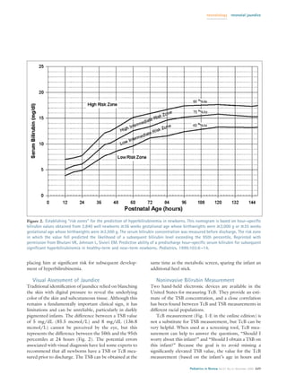neonatology      neonatal jaundice




Figure 2. Establishing “risk zones” for the prediction of hyperbilirubinemia in newborns. This nomogram is based on hour-speciﬁc
bilirubin values obtained from 2,840 well newborns >36 weeks gestational age whose birthweights were >2,000 g or >35 weeks
gestational age whose birthweights were >2,500 g. The serum bilirubin concentration was measured before discharge. The risk zone
in which the value fell predicted the likelihood of a subsequent bilirubin level exceeding the 95th percentile. Reprinted with
permission from Bhutani VK, Johnson L, Sivieri EM. Predictive ability of a predischarge hour-speciﬁc serum bilirubin for subsequent
signiﬁcant hyperbilirubinemia in healthy-term and near-term newborns. Pediatrics. 1999;103:6 –14.


placing him at signiﬁcant risk for subsequent develop-               same time as the metabolic screen, sparing the infant an
ment of hyperbilirubinemia.                                          additional heel stick.

   Visual Assessment of Jaundice                                        Noninvasive Bilirubin Measurement
Traditional identiﬁcation of jaundice relied on blanching            Two hand-held electronic devices are available in the
the skin with digital pressure to reveal the underlying              United States for measuring TcB. They provide an esti-
color of the skin and subcutaneous tissue. Although this             mate of the TSB concentration, and a close correlation
remains a fundamentally important clinical sign, it has              has been found between TcB and TSB measurements in
limitations and can be unreliable, particularly in darkly            different racial populations.
pigmented infants. The difference between a TSB value                   TcB measurement (Fig. 1-E in the online edition) is
of 5 mg/dL (85.5 mcmol/L) and 8 mg/dL (136.8                         not a substitute for TSB measurement, but TcB can be
mcmol/L) cannot be perceived by the eye, but this                    very helpful. When used as a screening tool, TcB mea-
represents the difference between the 50th and the 95th              surement can help to answer the questions, “Should I
percentiles at 24 hours (Fig. 2). The potential errors               worry about this infant?” and “Should I obtain a TSB on
associated with visual diagnosis have led some experts to            this infant?” Because the goal is to avoid missing a
recommend that all newborns have a TSB or TcB mea-                   signiﬁcantly elevated TSB value, the value for the TcB
sured prior to discharge. The TSB can be obtained at the             measurement (based on the infant’s age in hours and

                                                                                           Pediatrics in Review Vol.27 No.12 December 2006 449
 