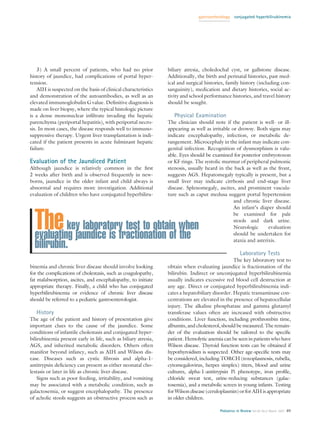 gastroenterology   conjugated hyperbilirubinemia




    3) A small percent of patients, who had no prior            biliary atresia, choledochal cyst, or gallstone disease.
history of jaundice, had complications of portal hyper-         Additionally, the birth and perinatal histories, past med-
tension.                                                        ical and surgical histories, family history (including con-
    AIH is suspected on the basis of clinical characteristics   sanguinity), medication and dietary histories, social ac-
and demonstration of the autoantibodies, as well as an          tivity and school performance histories, and travel history
elevated immunoglobulin G value. Deﬁnitive diagnosis is         should be sought.
made on liver biopsy, where the typical histologic picture
is a dense mononuclear inﬁltrate invading the hepatic              Physical Examination
parenchyma (periportal hepatitis), with periportal necro-       The clinician should note if the patient is well- or ill-
sis. In most cases, the disease responds well to immuno-        appearing as well as irritable or drowsy. Both signs may
suppressive therapy. Urgent liver transplantation is indi-      indicate encephalopathy, infection, or metabolic de-
cated if the patient presents in acute fulminant hepatic        rangement. Microcephaly in the infant may indicate con-
failure.                                                        genital infection. Recognition of dysmorphism is valu-
                                                                able. Eyes should be examined for posterior embryotoxon
Evaluation of the Jaundiced Patient                             or KF rings. The systolic murmur of peripheral pulmonic
Although jaundice is relatively common in the ﬁrst              stenosis, usually heard in the back as well as the front,
2 weeks after birth and is observed frequently in new-          suggests AGS. Hepatomegaly typically is present, but a
borns, jaundice in the older infant and child always is         small liver may indicate cirrhosis and end-stage liver
abnormal and requires more investigation. Additional            disease. Splenomegaly, ascites, and prominent vascula-
evaluation of children who have conjugated hyperbiliru-         ture such as caput medusa suggest portal hypertension
                                                                                                and chronic liver disease.
                                                                                                An infant’s diaper should


  The keyjaundice is fractionation of when
  evaluating
             laboratory test to obtain
                                       the
                                                                                                be examined for pale
                                                                                                stools and dark urine.
                                                                                                Neurologic       evaluation
                                                                                                should be undertaken for
                                                                                                ataxia and asterixis.
  bilirubin.
                                                                                                     Laboratory Tests
                                                                                                The key laboratory test to
binemia and chronic liver disease should involve looking        obtain when evaluating jaundice is fractionation of the
for the complications of cholestasis, such as coagulopathy,     bilirubin. Indirect or unconjugated hyperbilirubinemia
fat malabsorption, ascites, and encephalopathy, to initiate     usually indicates excessive red blood cell destruction at
appropriate therapy. Finally, a child who has conjugated        any age. Direct or conjugated hyperbilirubinemia indi-
hyperbilirubinemia or evidence of chronic liver disease         cates a hepatobiliary disorder. Hepatic transaminase con-
should be referred to a pediatric gastroenterologist.           centrations are elevated in the presence of hepatocellular
                                                                injury. The alkaline phosphatase and gamma glutamyl
   History                                                      transferase values often are increased with obstructive
The age of the patient and history of presentation give         conditions. Liver function, including prothrombin time,
important clues to the cause of the jaundice. Some              albumin, and cholesterol, should be measured. The remain-
conditions of infantile cholestasis and conjugated hyper-       der of the evaluation should be tailored to the speciﬁc
bilirubinemia present early in life, such as biliary atresia,   patient. Hemolytic anemia can be seen in patients who have
AGS, and inherited metabolic disorders. Others often            Wilson disease. Thyroid function tests can be obtained if
manifest beyond infancy, such as AIH and Wilson dis-            hypothyroidism is suspected. Other age-speciﬁc tests may
ease. Diseases such as cystic ﬁbrosis and alpha-1-              be considered, including TORCH (toxoplasmosis, rubella,
antitrypsin deﬁciency can present as either neonatal cho-       cytomegalovirus, herpes simplex) titers, blood and urine
lestasis or later in life as chronic liver disease.             cultures, alpha-1-antitrypsin Pi phenotype, iron proﬁle,
    Signs such as poor feeding, irritability, and vomiting      chloride sweat test, urine-reducing substances (galac-
may be associated with a metabolic condition, such as           tosemia), and a metabolic screen in young infants. Testing
galactosemia, or suggest encephalopathy. The presence           for Wilson disease (ceruloplasmin) or for AIH is appropriate
of acholic stools suggests an obstructive process such as       in older children.

                                                                                         Pediatrics in Review Vol.28 No.3 March 2007 89
 