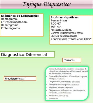 Enfoque Diagnostico:
Exámenes de Laboratorio:
Hemograma.
Eritrosedimentacion.
Hepatograma.
Proteinograma
Enzimas Hepáticas:
Transaminasas
T.GO ALT
TGP- ASP
Fosfatasa Alcalina.
Gamma-glutamiltransferasa
Láctica deshidrogenasa
5 nucleotidasa.”Obstrucción Biliar”
Diagnostico Diferencial
Fármacos.
Pseudoictericias.
 