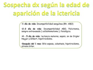 •1 día de vida: Incompatibilidad sanguínea (Rh- ABO)
•2-3 día de vida: Incompatibilidad ABO, Policitemia,
sangre extravasada ( cefalohematoma ), fisiológica.
•4 – 5 día de vida: lactancia materna, sepsis, sx de Crigler
Najjar y Gilbert, hipotiroidismo.
•Después del 1 mes: Bilis espesa, colestasis, hipotiroidismo,
atresia biliar.
 