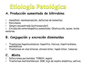 A. Producción aumentada de bilirrubina
• Hemólisis: isoinmunización, defectos de hematíes.
• Policitemia
• Sangre secuestrada (extravascular)
• Circulación enterohepática aumentada: Obstrucción, ayuno, leche
materna.
B. Conjugación y excreción disminuidas
• Trastornos hepatocelulares: hepatitis, tóxicos, hipotiroidismo,
metabólicos
• Trastornos en vías biliares: atresia biliar, tapón biliar, tumores.
C. Mixta
• Infecciones perinatales: TORCH, sepsis
• Trastornos multisistémicos: SDR, hijo de madre diabética, asfixia.
 