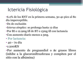 Ictericia Fisiol ó gica 6.2% de los RNT en la primera semana, 3o-4 o pico al 8o d í a imperceptible.  Dx de exclusi ó n  Icterus simplex:  se prolonga hasta 12 d í as  Por BI o 12.9mg/dl de BT o 15mg/dl con lactancia Con aumento diario menos a 5mg. Por lactancia: 40 - 7o d í a  1:200RN Por aumento de pregnandiol o  á c grasos libres (inhibe a la glucoroniltrasferasa y compiten por el sitio con la alb ú mina) 