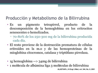 Producción y Metabolismo de la Bilirrubina Es un pigmento tetrapirrol, producto de la descomposición de la hemoglobina en los eritrocitos senescentes o hemolizados. 70-80% de los 250-300 mg de la bilirrubina producida cada día. El resto proviene de la destrucción prematura de células eritroides en la m.o y de las hemoproteínas de la mioglobina citocromos, catalasa y tript ó fano pirrolasa . 1g hemoglobina --> 34mg de bilirrubina 1 mol é cula de alb ú mina liga 3 mol é culas de bilirrubina  ALASTAIR J, N Engl J Med, vol. 344, No. 8, 2001 